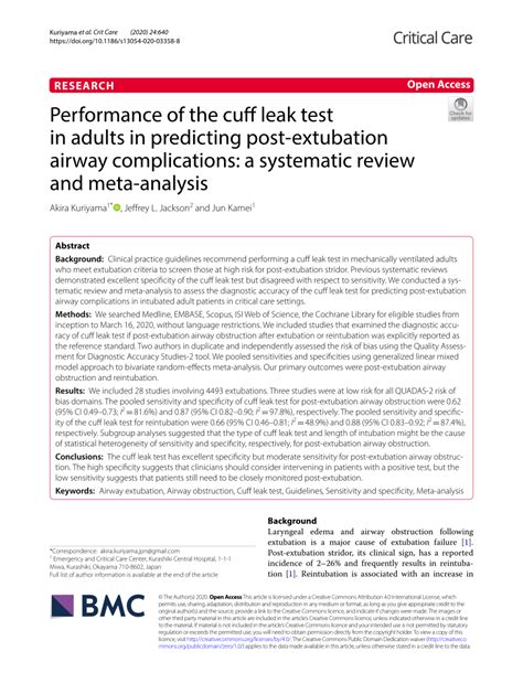 Performance of the cuff leak test in adults in predicting。